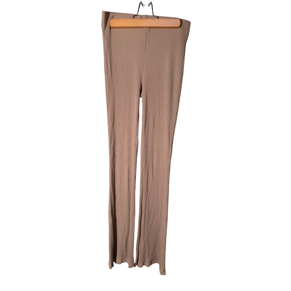 H&M Women's Size Small Pull On Ribbed Pant Beige Wide Leg Stretch Viscose Flowy